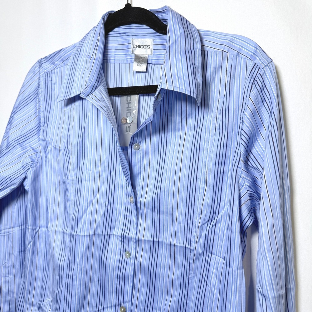 Chicos Julienne LS Shirt Matisse Blue Line Stripe Cotton Blend Size 2 NWT